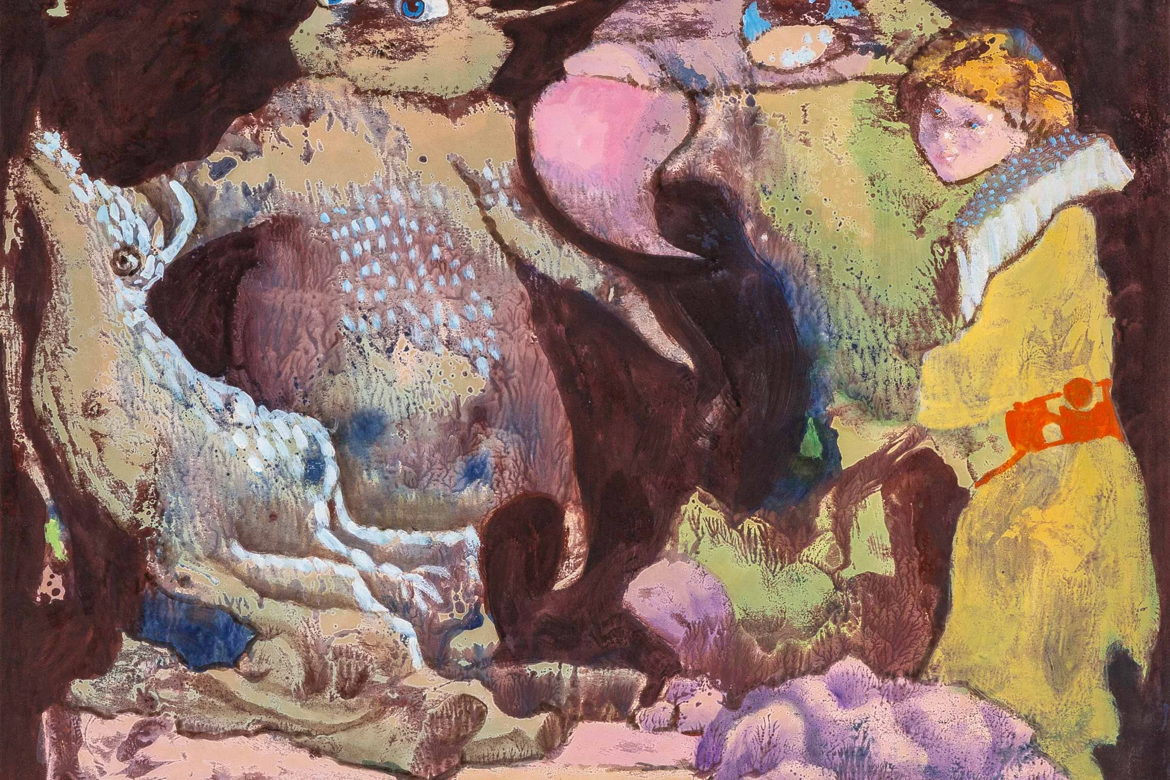 Untitled (Goldenhaired Girl with Bird and Beasts) Luis Chan 1964-1971 Acrylic on paper 45 × 59 cm Unique Generously donated by Red Rock Studio