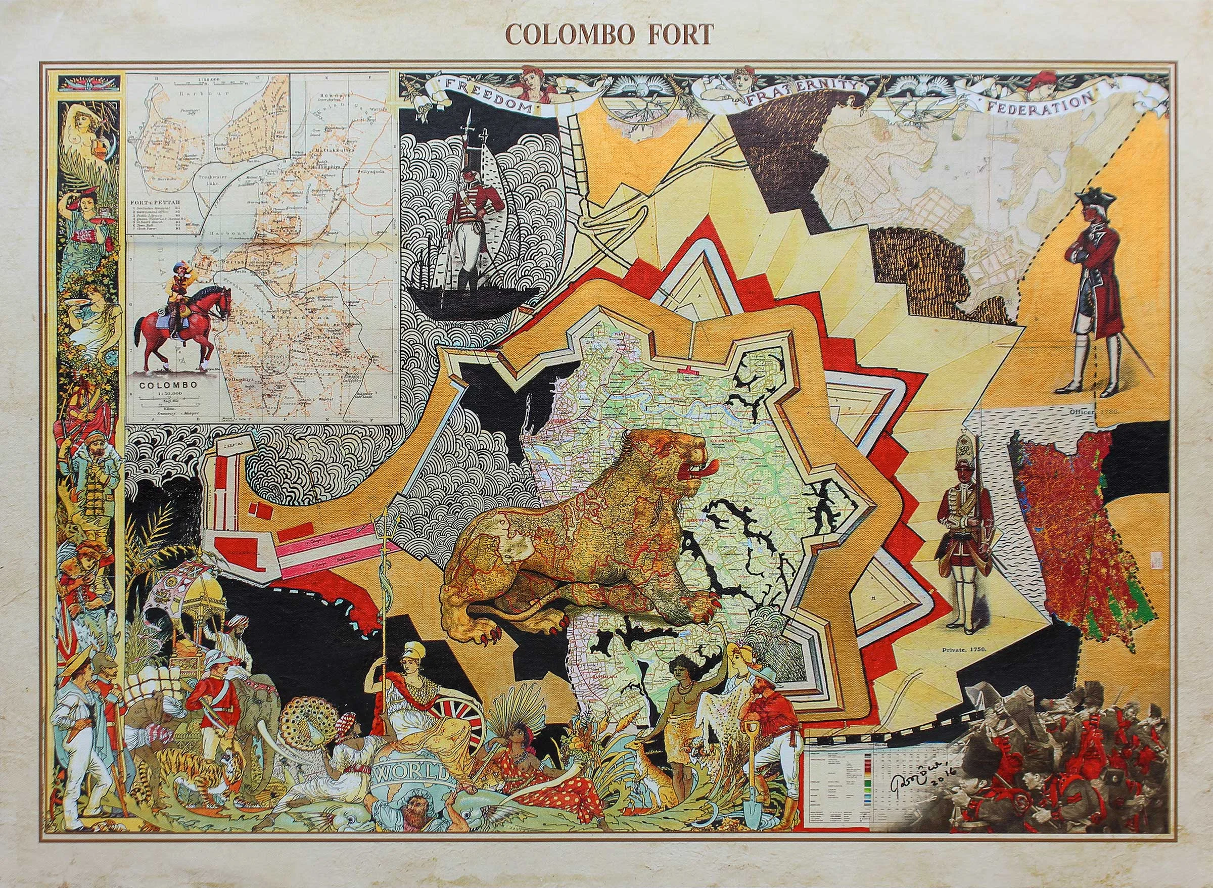 Pala Pothupitiye, Colombo Fort . Acrylic and ink on archival print on archival canvas, 56 x 76cm