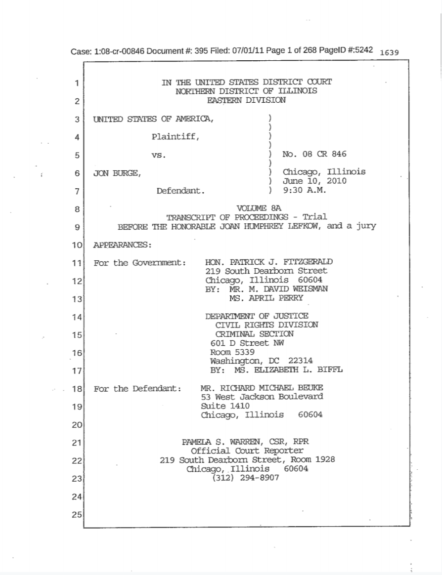 Testimony, U.S. v. Jon Burge