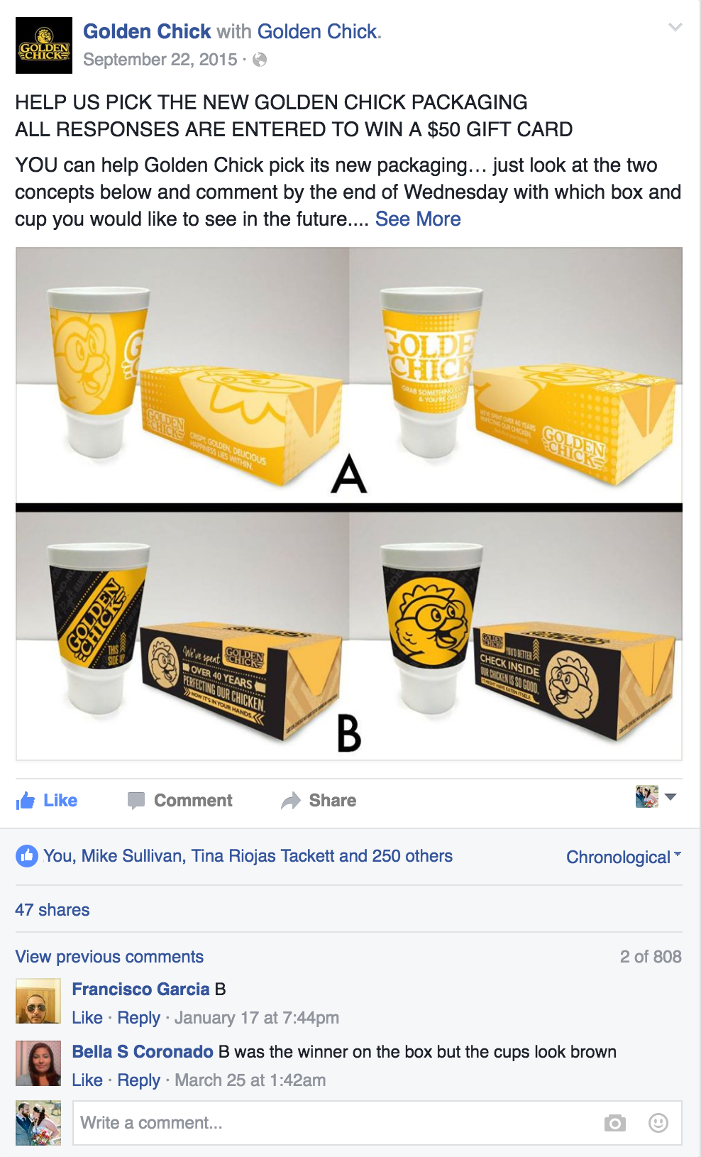 Not being able to decide which design they preferred, Golden Chick took the artwork to the public and asked them for their opinion. This was the most highly engaged post for the year for their brand. 