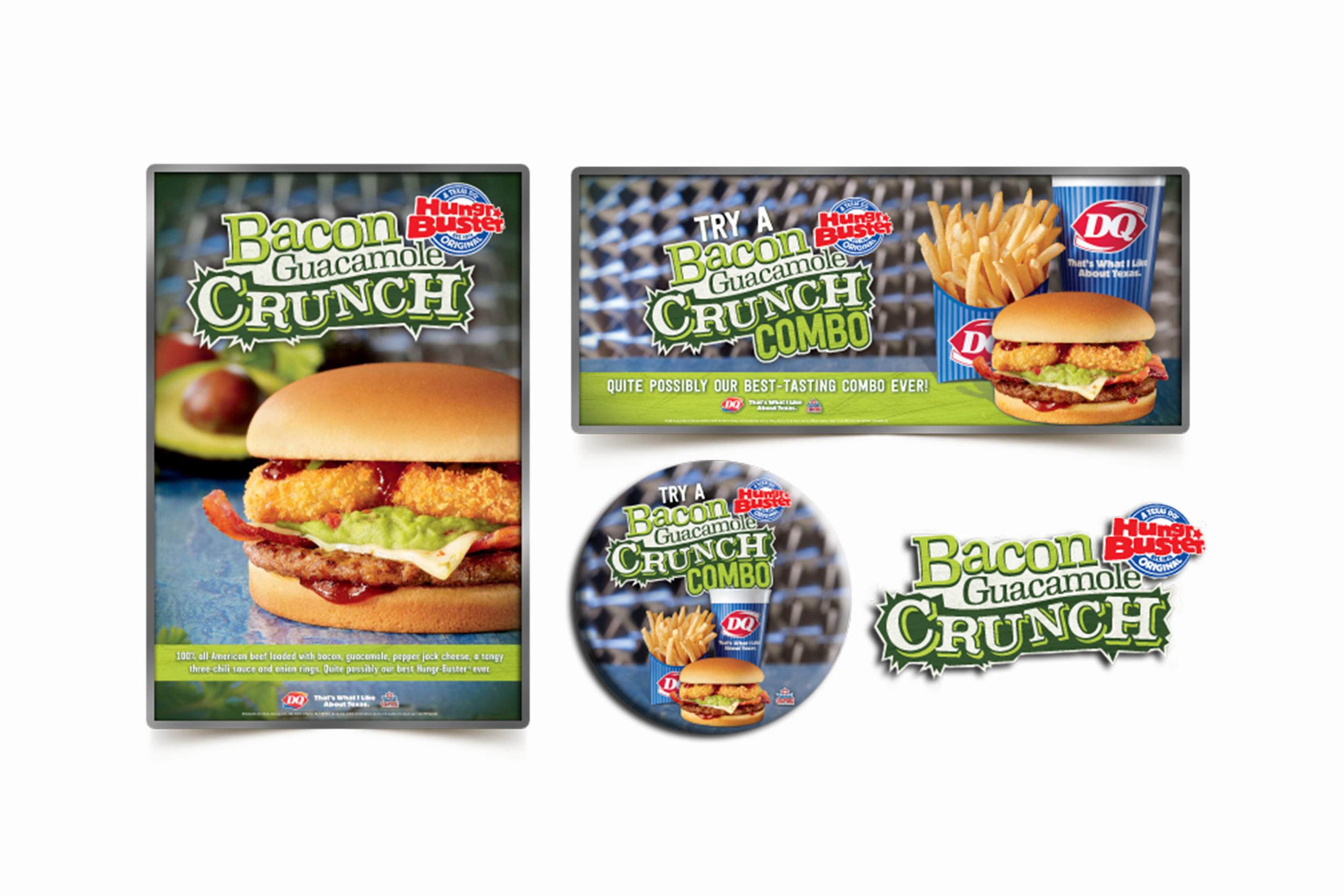 The crunchiness and the flavor of this burger led us to the name Bacon Guacamole Crunch Hungr Buster, which is a mouthful but so is the sandwich. The logo was created to visually emphasize the crunchiness of the burger. I worked with a photographer