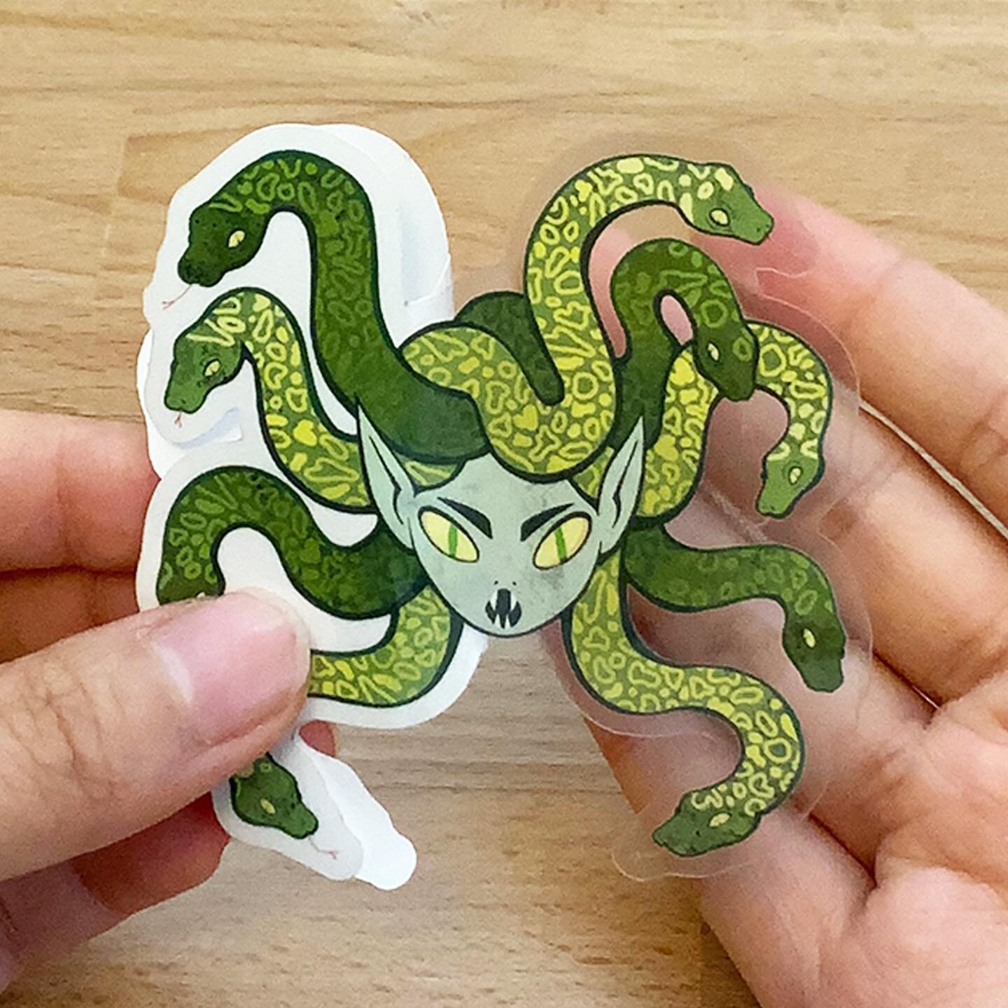 Medusa! 🐍 She&rsquo;s a clear vinyl sticker (very durable and waterproof) available in my shop! This was originally an inktober work from last year that I reworked (many times haha) I like the textures &amp; color variations in this latest version! 