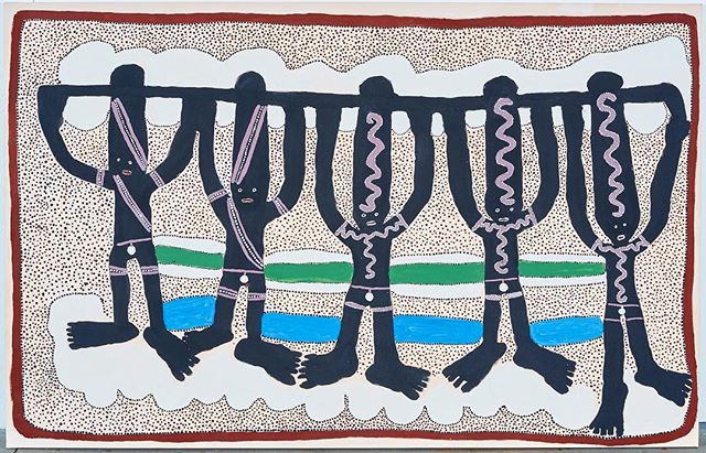 RECENTLY SOLD MASTERWORK BY THE LATE JARINYANU DAVID DOWNS...
.
Untitled (Dancing Kurtal), 1988
Natural earth pigments and synthetic polymer paint on linen
137 x 213.5cm
.
Jila Kurtal is an important rainmaking centre in the eastern region of the Gre