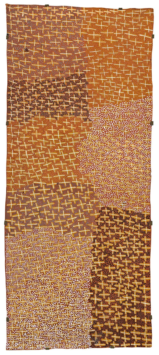 Gan'yu , 2003 Natural earth pigments on eucalyptus bark 80 x 180cm Provenance: Buku-Larrnggay Mulka Centre, Yirrkala, Northern Territory (cat. no. 23690) Private collection Exhibited: 20th Telstra National Aboriginal & Torres Strait Islander Art Award, Museum and Art Gallery of the Northern Territory, Darwin, 16 August – 7 December 2003