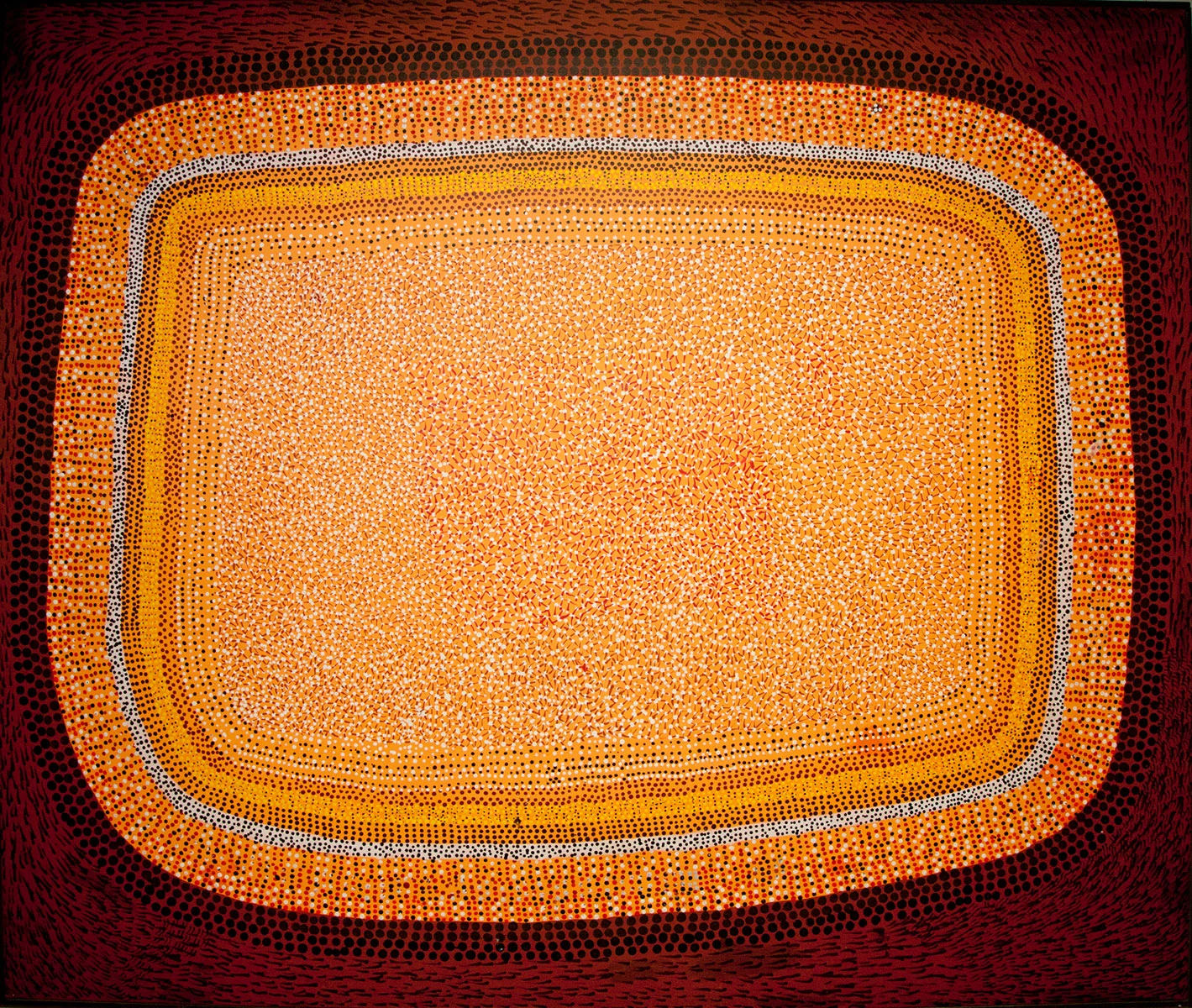 Untitled , 1992 Bears artist’s name, date, dimensions and Mangkaja Arts Resource Agency catalogue number PC 623/92 on the reverse Synthetic polymer paint on canvas 153.5 x 180cm Provenance: Painted in September 1992 Mangkaja Arts Resource Agency, Fitzroy Crossing, Western Australia Private collection Exhibited: On loan to the Art Gallery of Western Australia, Perth from 1996-2006 Loan to the St John of God, Murdoch Hospital, Perth from 2011-2014 Private collection, Perth