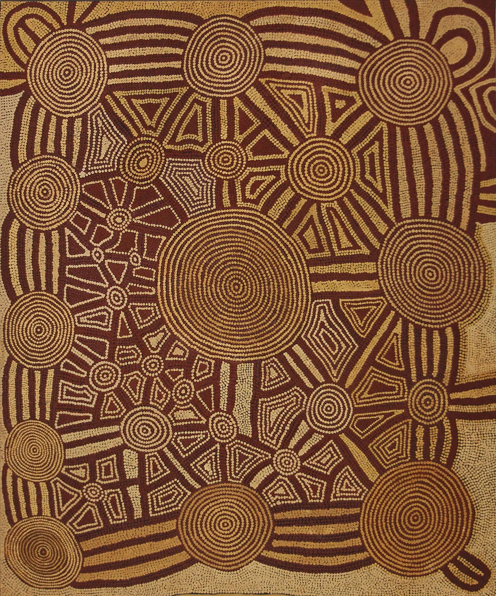 Untitled (Ngamurangya Rockhole and Cave Site) , 1984 Bears Papunya Tula Artists catalogue number TL840444 twice on the reverse Synthetic polymer paint on linen 152.5 x 183cm Provenance: Painted at Kiwirrkura, Western Australia in 1984 Papunya Tula Artists, Alice Springs (TL 840444) Private Collection, Adelaide Cf. For other significant examples by the artist painted during the 1980s see Two Men Dreaming at Kuluntjarranya , 1984 and 1983 in the private collection of John and Barbara Wilkerson, USA and Holmes à Court, Perth respectively (Hetti Perkins and Hannah Fink, Papunya Tula: Genesis and Genius , Sydney: Art Gallery of New South Wales, 2000, pp.94 and 95); Tingari Dreaming , 1986 in the private collection of the late Gabrielle Pizzi (R. Crumlin and A, Knight, Aboriginal Art and Spirituality , Melbourne: Dove Publications, 1995, p.78) and Warrmala the Serpent , 1986 and the Voice of the Moon, 1987 in Jennifer Isaacs, Australian Aboriginal Paintings , NSW: Weldon Publishing, 1989, pp. 43 and 45 respectively.
