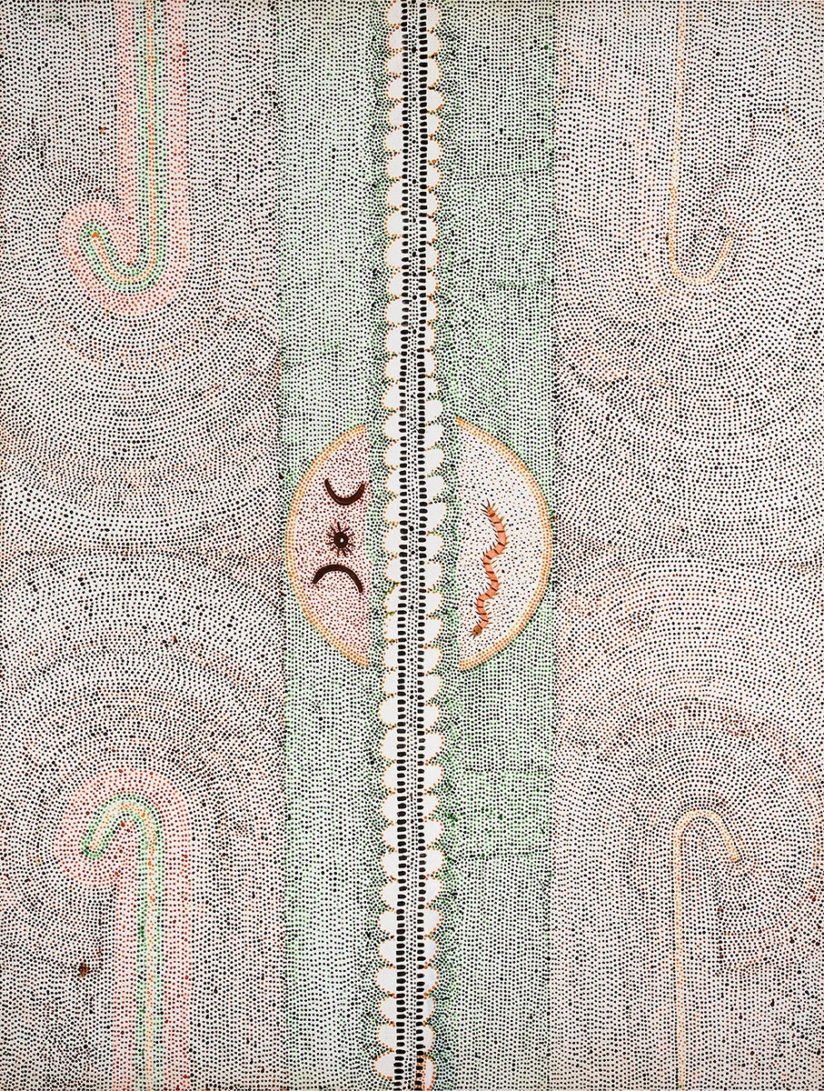 Untitled - Jaalinyi (Moon), Centipedes and Goanna Backbone, 1990 Bears artist’s signature, dimensions, Duncan Kentish catalogue number 097/90 and ‘Commissioned by Duncan Kentish’ on the reverse. Synthetic polymer paint on linen 122 x 91.5cm Price: SOLD Provenance: Painted in Fitzroy Crossing, Western Australia in 1990 Commissioned by Duncan Kentish Duncan Kentish Fine Art, Adelaide Private Collection of the late Duncan Kentish, Adelaide Cf. The story of a related work dictated by Jananggoo and recorded by Mangkaja Arts Resource Agency states: ‘This is the jaalinyi (moon), not the full moon. It is at sunrise when the sun is coming up. The moon is thin, it is dying (waning). It is not the new moon. The new moon grows and gets full. This is the moon while it is dying’. Jaalinyi , 1992, Mangkaja Arts Resource Agency cat.no. WP244/92. 
