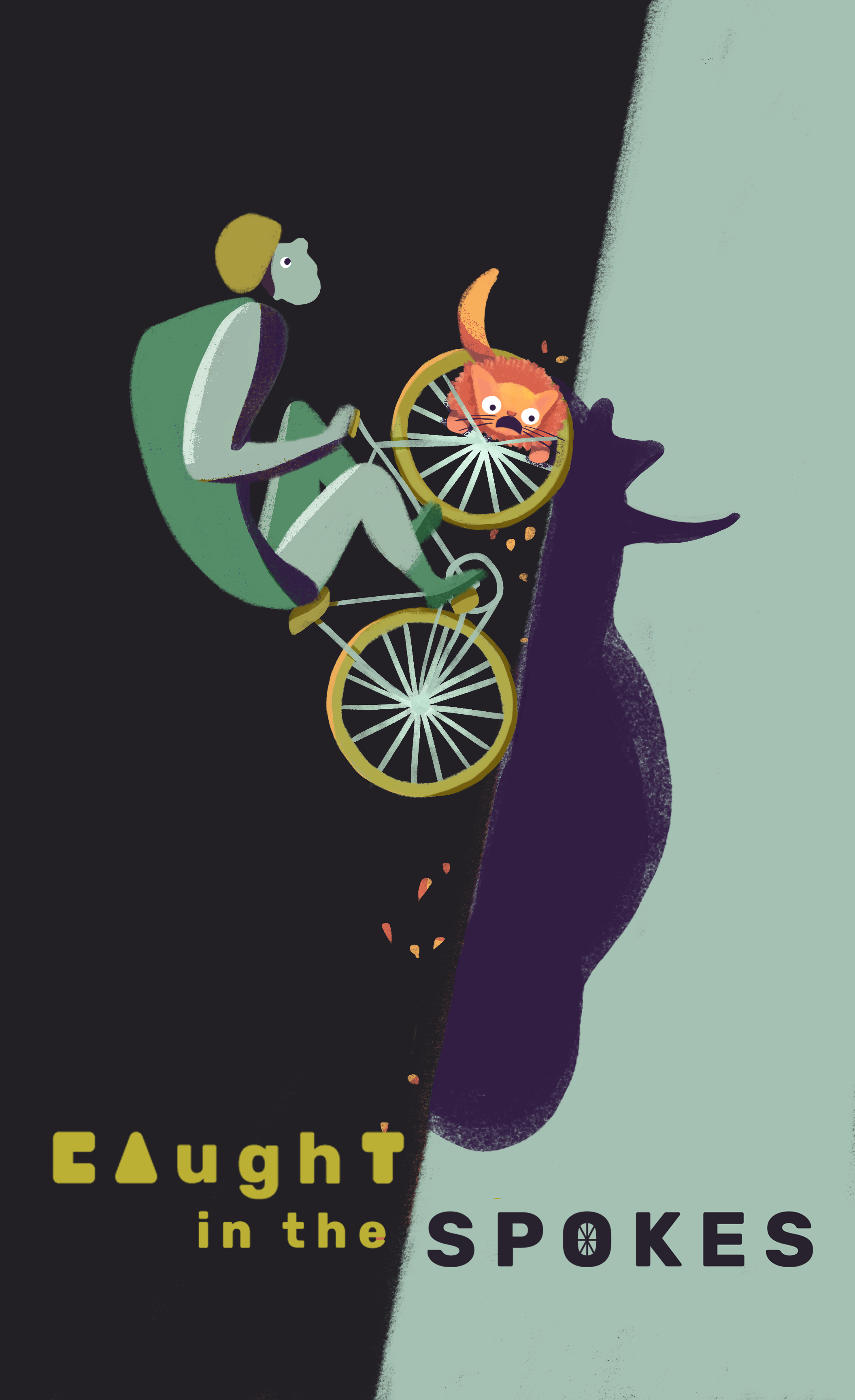 The composition direction works in creating balance, so I refined details and made the artistic style and textures more consistent throughout the poster. • To indicate and emphasize the collision of stories (bike + cat), we relocated the cat to the front spokes. • To make the illustration more expressive and light-hearted, I added eyes on the biker. This also reduces the intensity and emphasis on the intense biking, and rather, helps highlight the absurd nature of the situation.