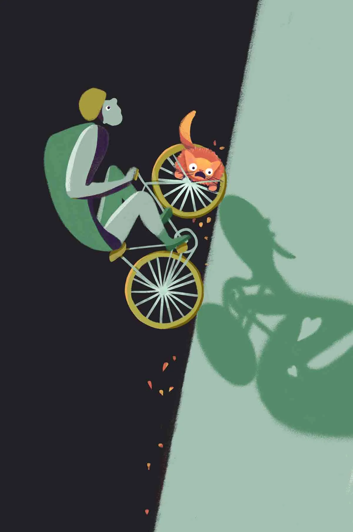 The final illustration I made, incorporating a whimsical feel and colours from the logo. Since the story centres around the unintentional and chaotic collision of the two lovers' lives, we decided, for the movie poster, to create an illustration of a collision between a biker and cat, with the cat caught in the spokes of the bike. The poster draws viewers to the orange cat and bike collision.