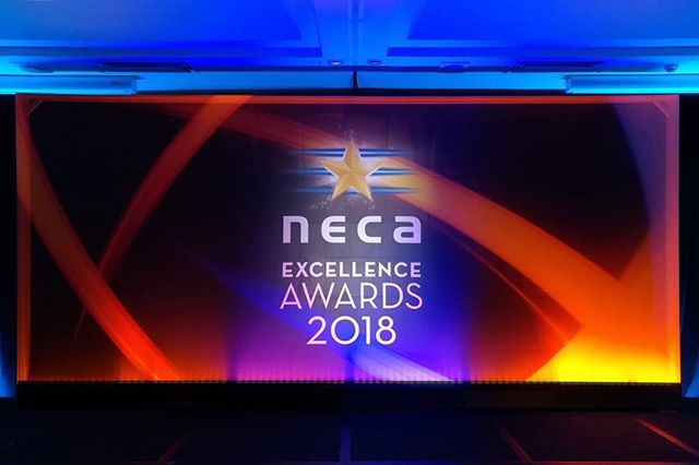 Tri-level, semi-transparent backdrop for the NECA Awards in Canberra tonight