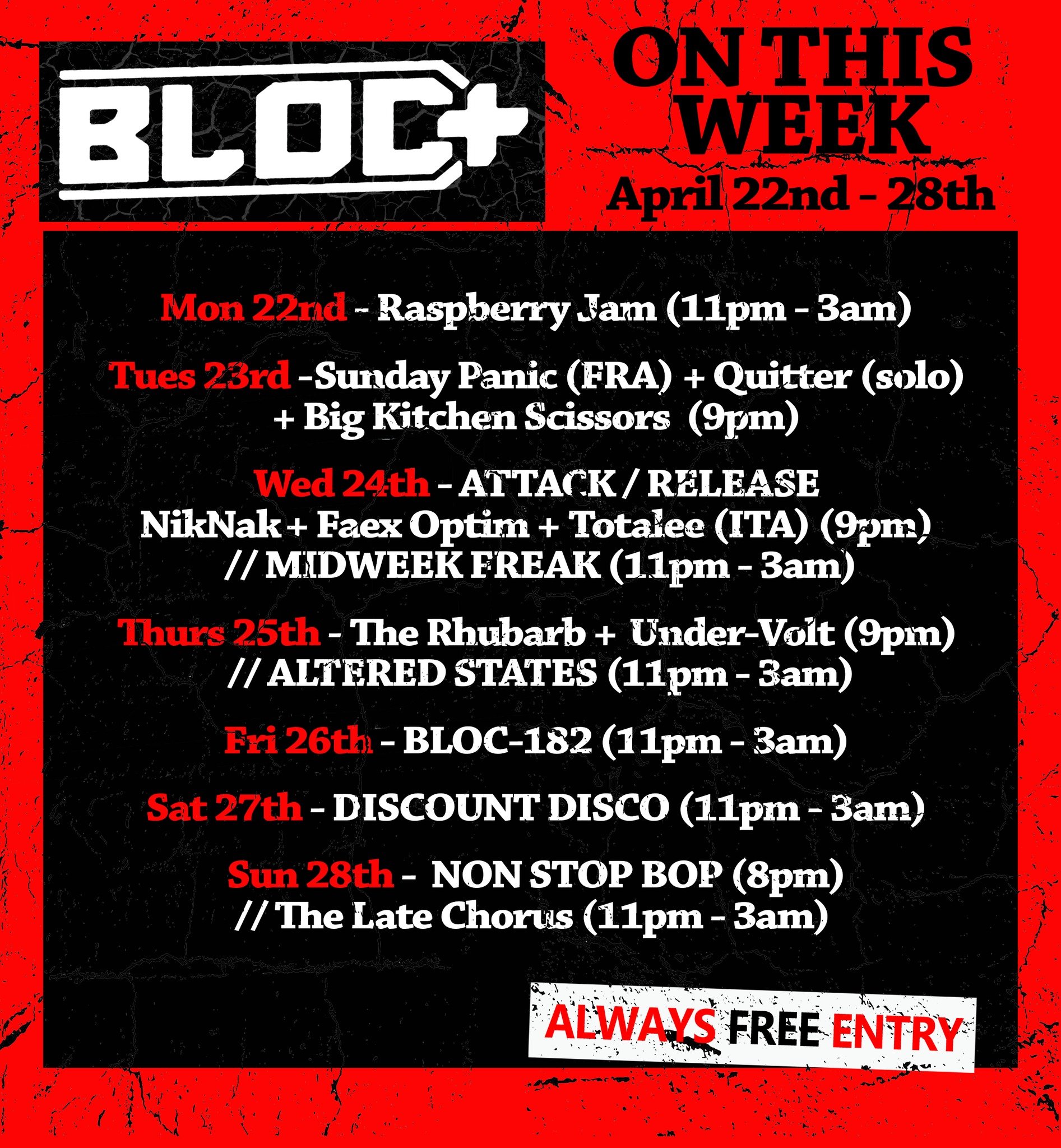 🔥THIS WEEK AT BLOC+ 🔥 

We've got another class week of gigs, clubs, and jam sessions to help celebrate the return of warmer days, see you there ☀️