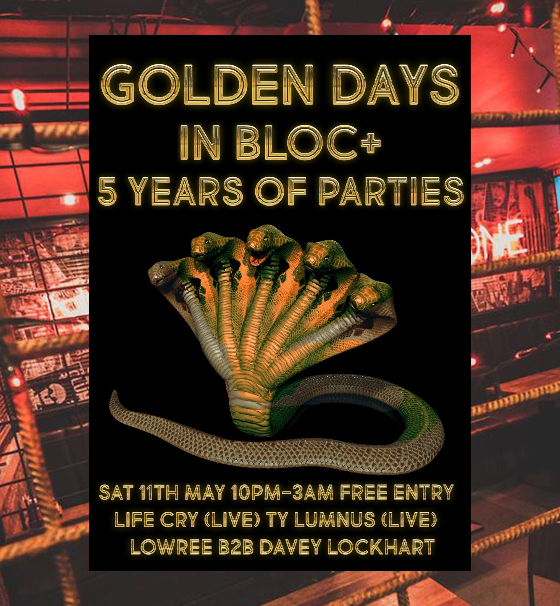 🎉 Join us in celebrating 5 years of GOLDEN DAYS at Bloc+ THIS SATURDAY! 🎶

From mind-bending beats to soul-shaking rhythms, @goldendaysglasgow has been the ultimate genre-bending dance party for half a decade! 🌟

Featuring live performances by Lif