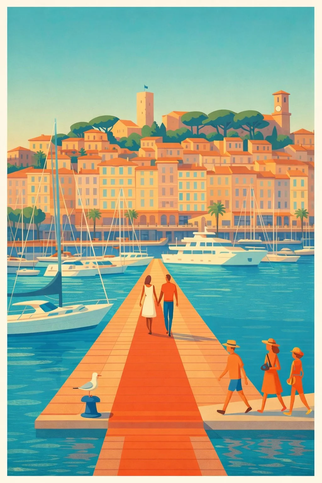 Un couple marche sur une jetée bordée de yachts, avec une ville méditerranéenne colorée et des bâtiments lumineux sur une colline en arrière-plan, sous un ciel calmes.