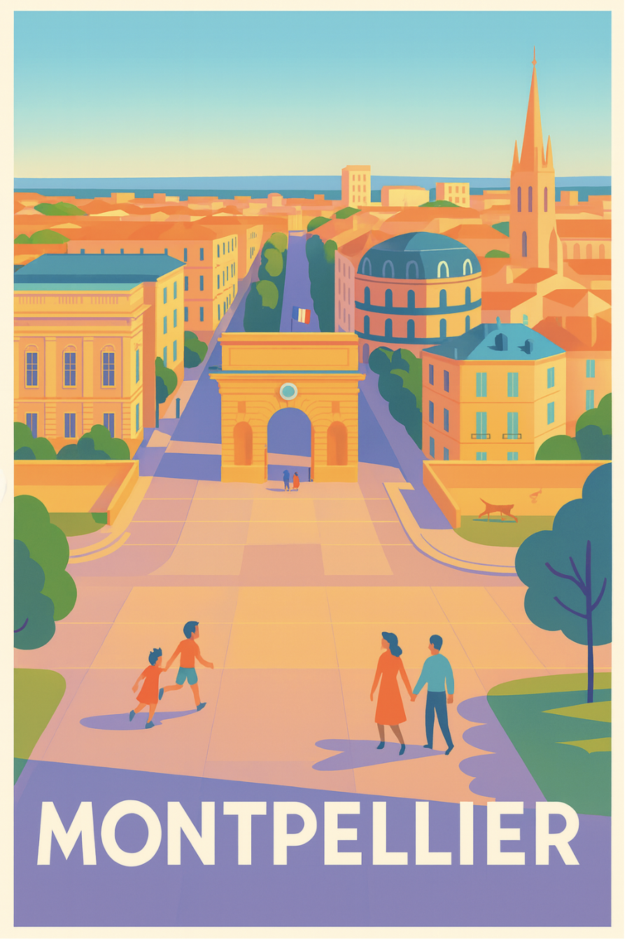 Une illustration colorée de la ville de Montpellier, avec l'arc de triomphe, des bâtiments historiques, une église et des arbres, sous un ciel clair.