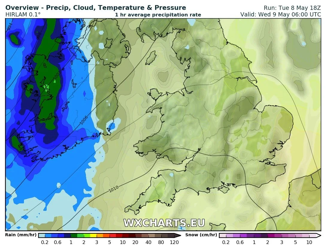 Rainfall at 6am Wednesday morning from the HI res HIRLAM model from wx Charts