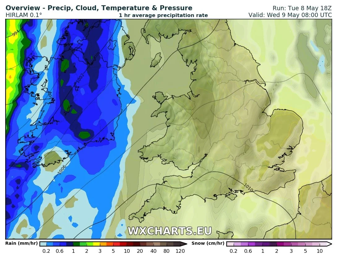 Rainfall at 9am Wednesday morning from the HI res HIRLAM model from wx Charts
