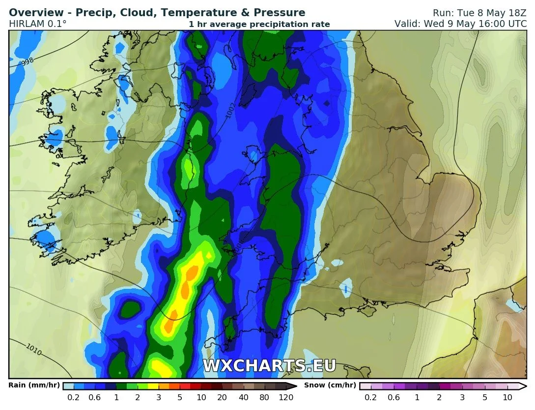 Rainfall at 4pm Wednesday morning from the HI res HIRLAM model from wx Charts