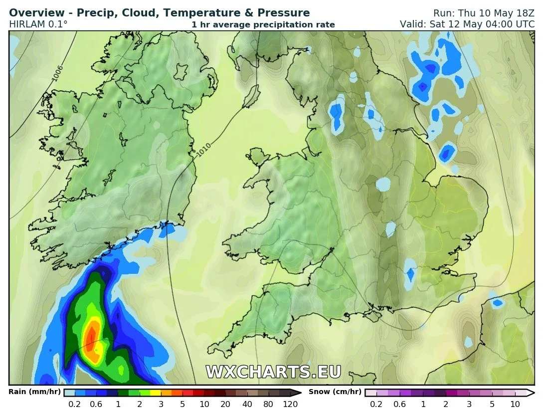 Rainfall chart from the High res hirlam model for 4am Saturday morning 