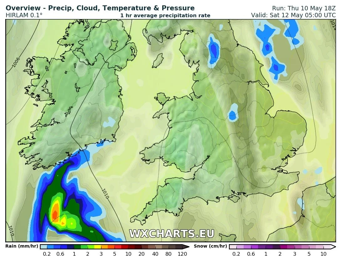 Rainfall chart from the High res hirlam model for 5am Saturday morning 