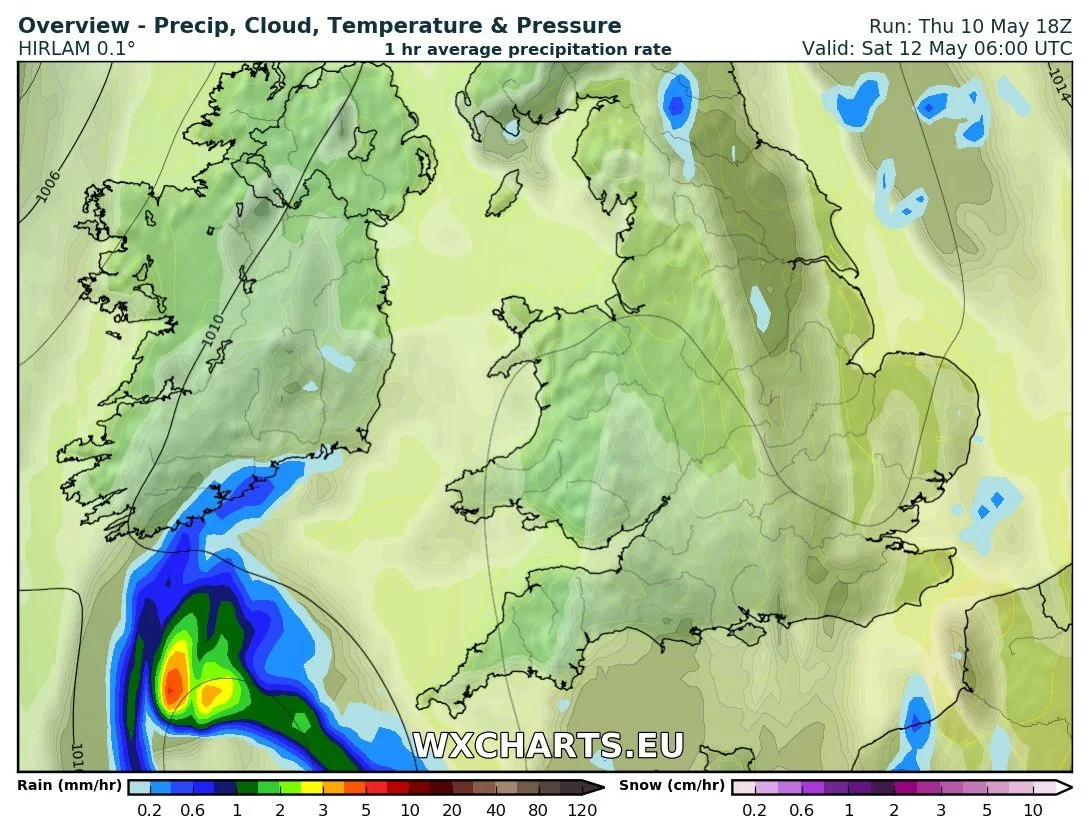 Rainfall chart from the High res hirlam model for 6am Saturday morning 