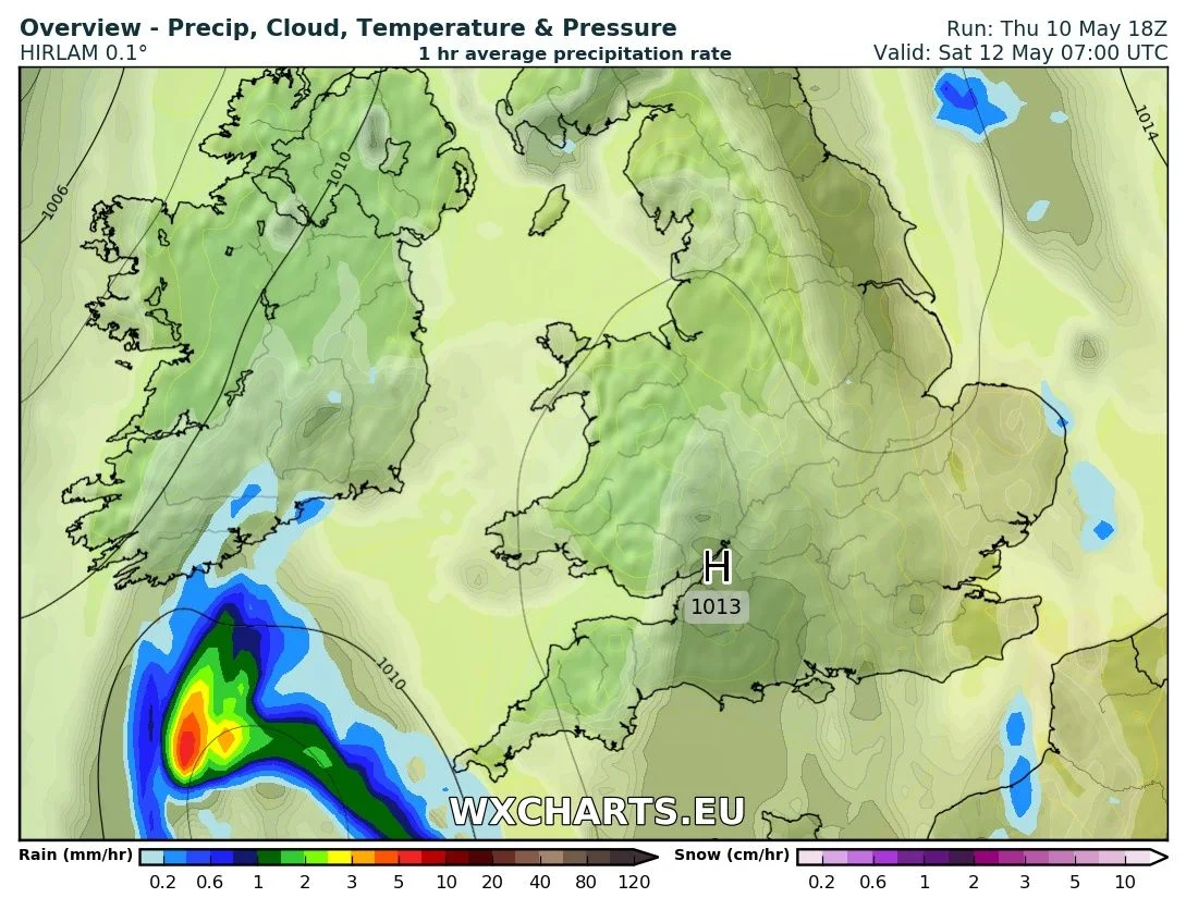 Rainfall chart from the High res hirlam model for 7am Saturday morning &nbsp;