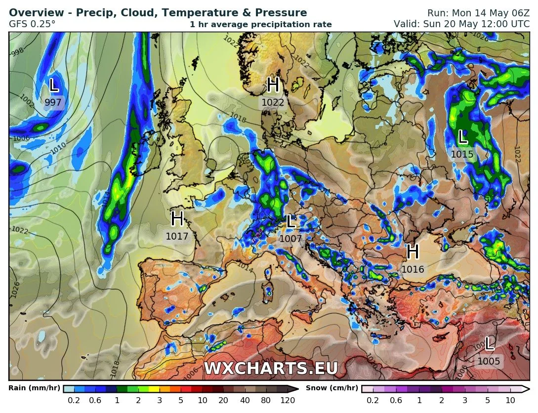 Current model run from the GFS showing the precipitation on Sunday over Ireland at 12pm. model run from WX Charts