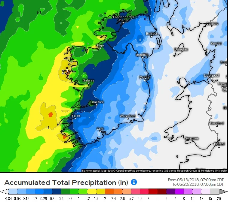 Latest model runs showing heavy rainfall on Sunday from the ECMWF weather model.
