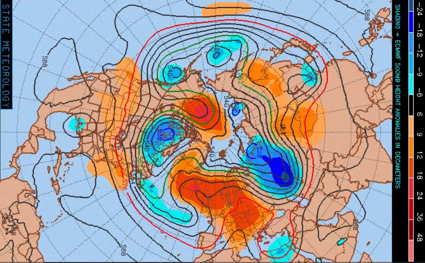 ECMWF 500mb anomaly chart shown above average heights over the next 10 days