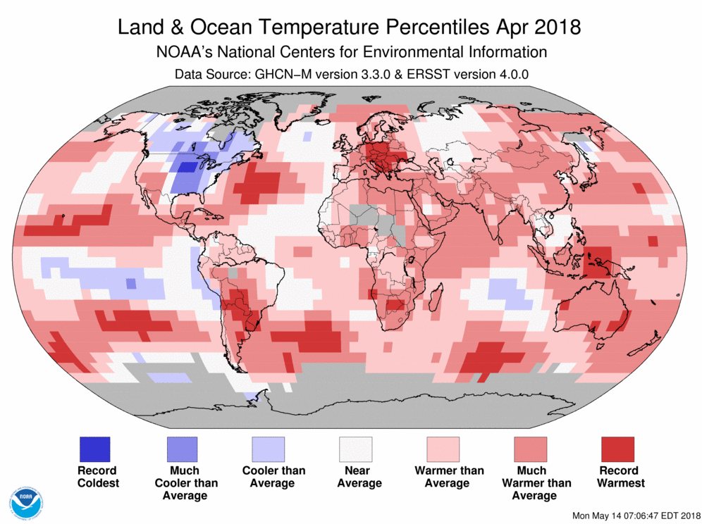 APRIL 2018 WAS 3RD WARMEST ON RECORD FOR THE GLOBE