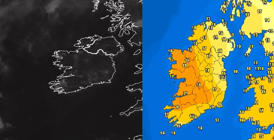 Cloud Free and temperatures into the low 20s across Ireland