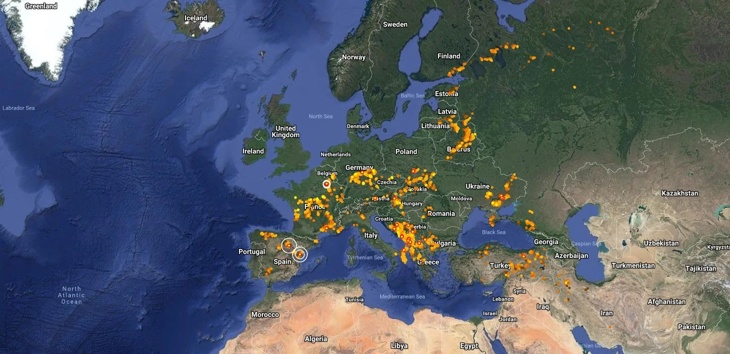 Very active thunderstorms over Europe today due to very warm and humid conditions