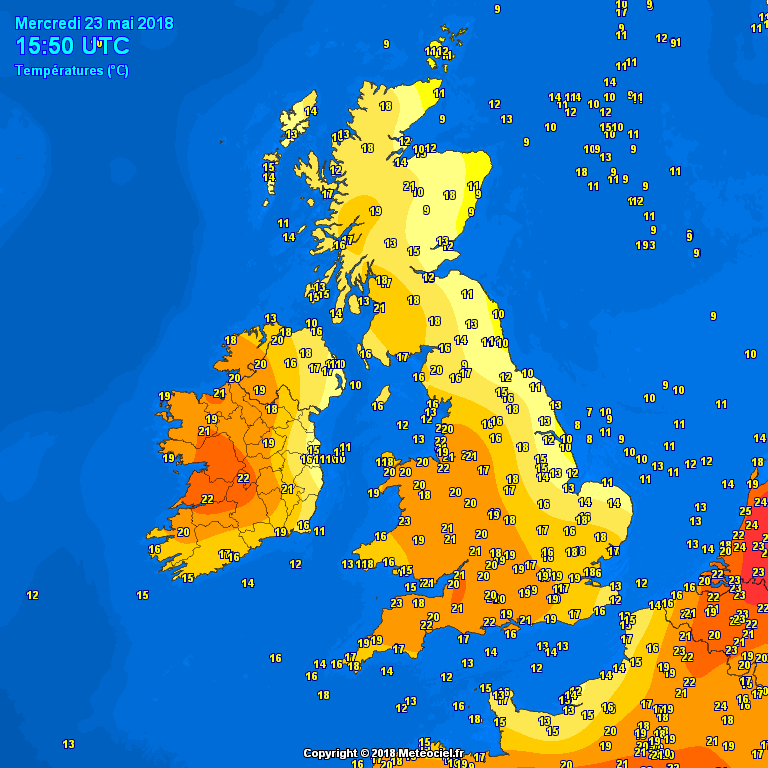 Temperatures into the low 20s across Ireland this afternoon