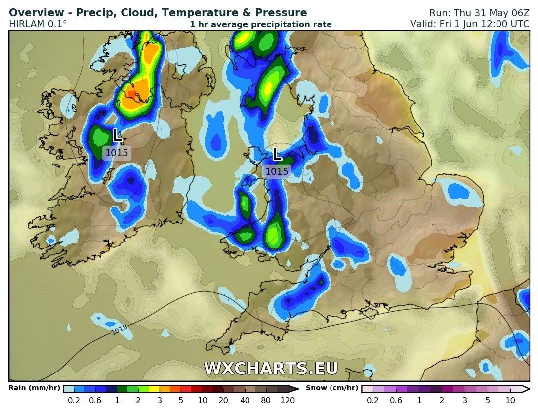 precipitation chart for 12pm Friday with heavy thundery showers beginning to develop 