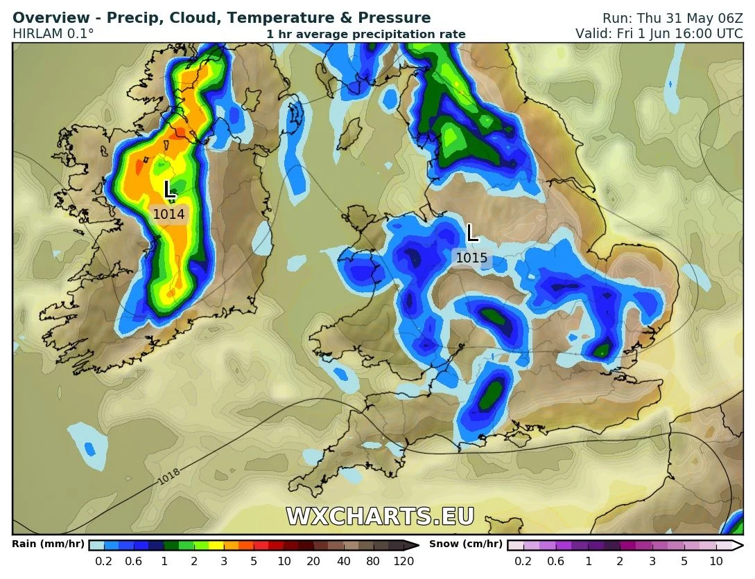 precipitation chart for 2pm Friday with heavy thundery showers now developing into severe thunderstorms