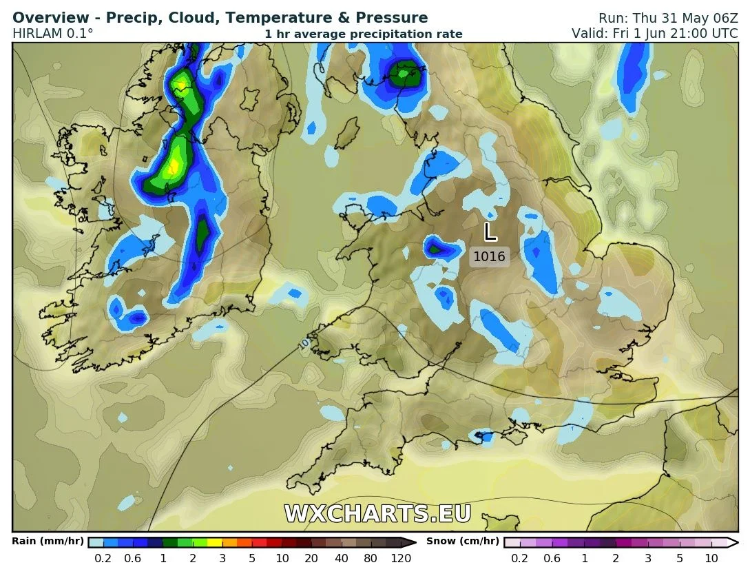 precipitation chart for 9pm Friday with heavy thundery showers starting to fizzle out.