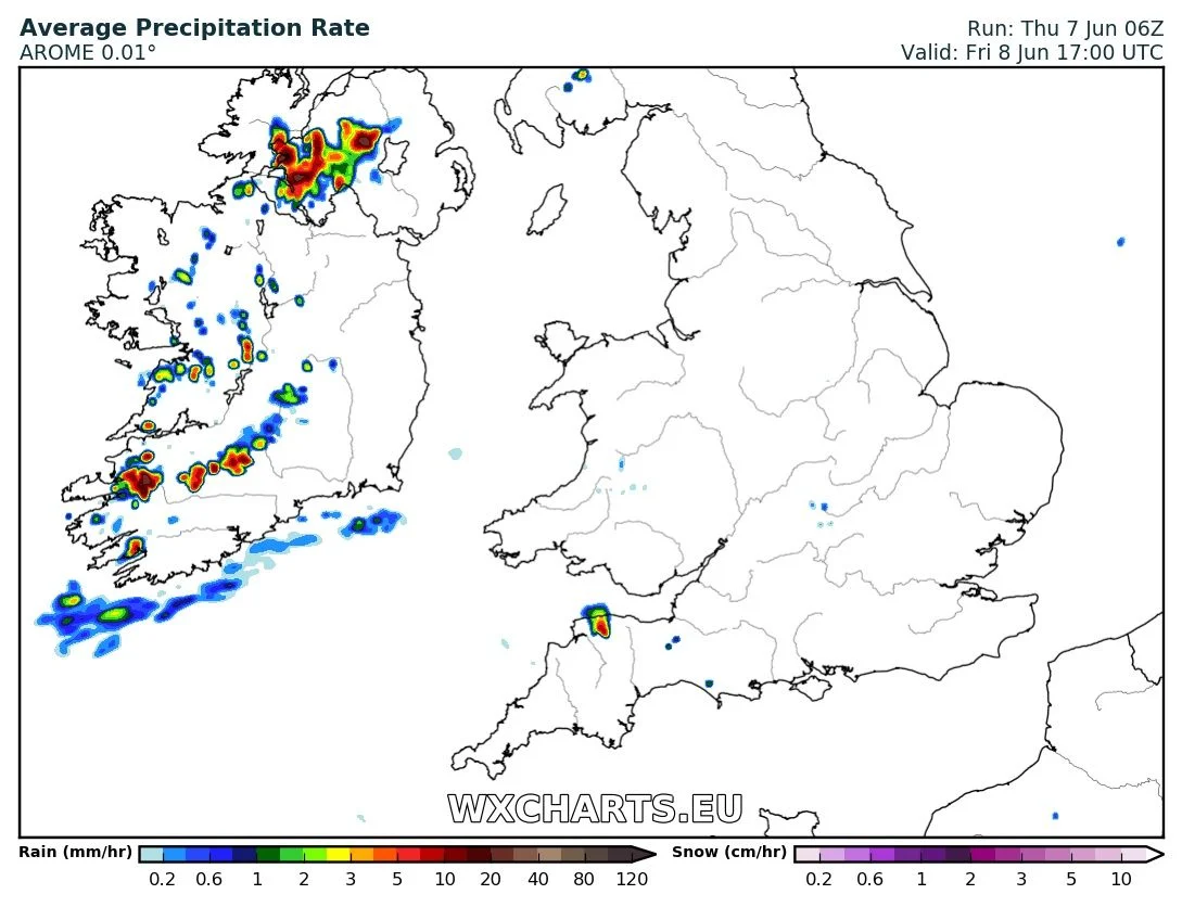 precipitation chart for 5pm Friday with heavy thundery showers now developing into severe thunderstorms