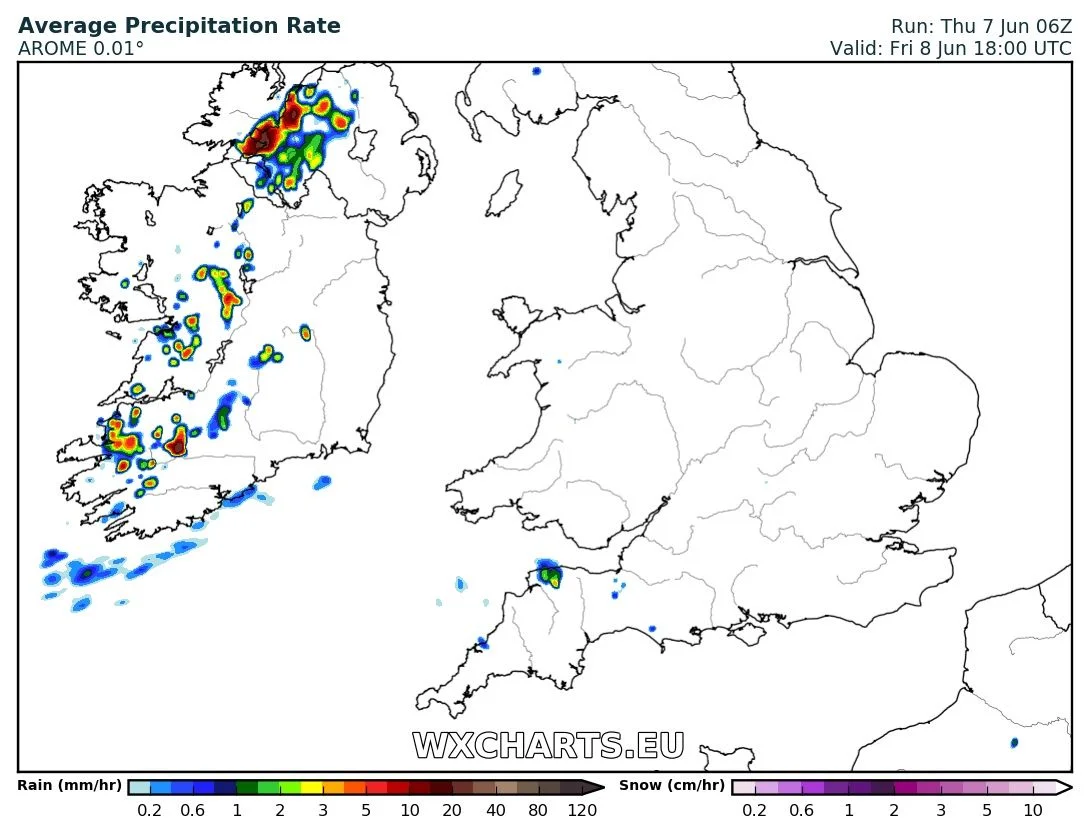 precipitation chart for 6pm Friday with heavy thundery showers really getting going