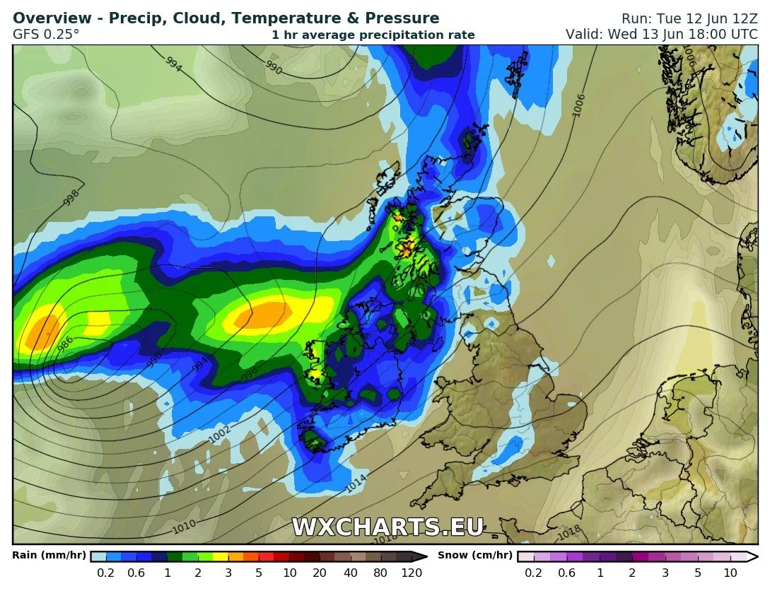 Rainfall over Ireland Wednesday evening and night