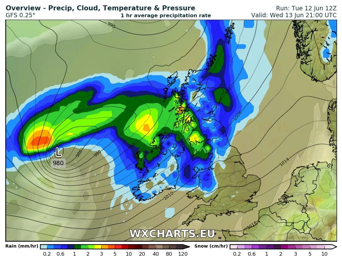 Rainfall over Ireland Wednesday evening and night