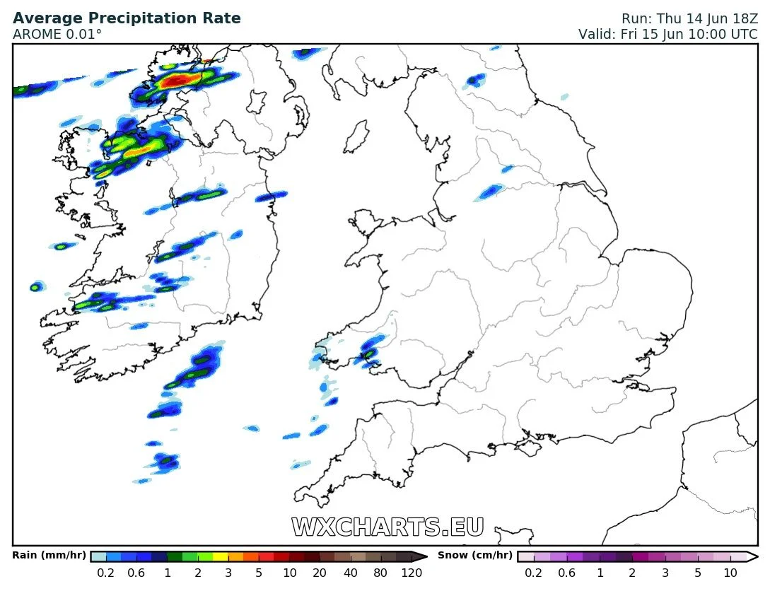 precipitation chart for 10am Friday morning showing heavy showers merging into longer spells