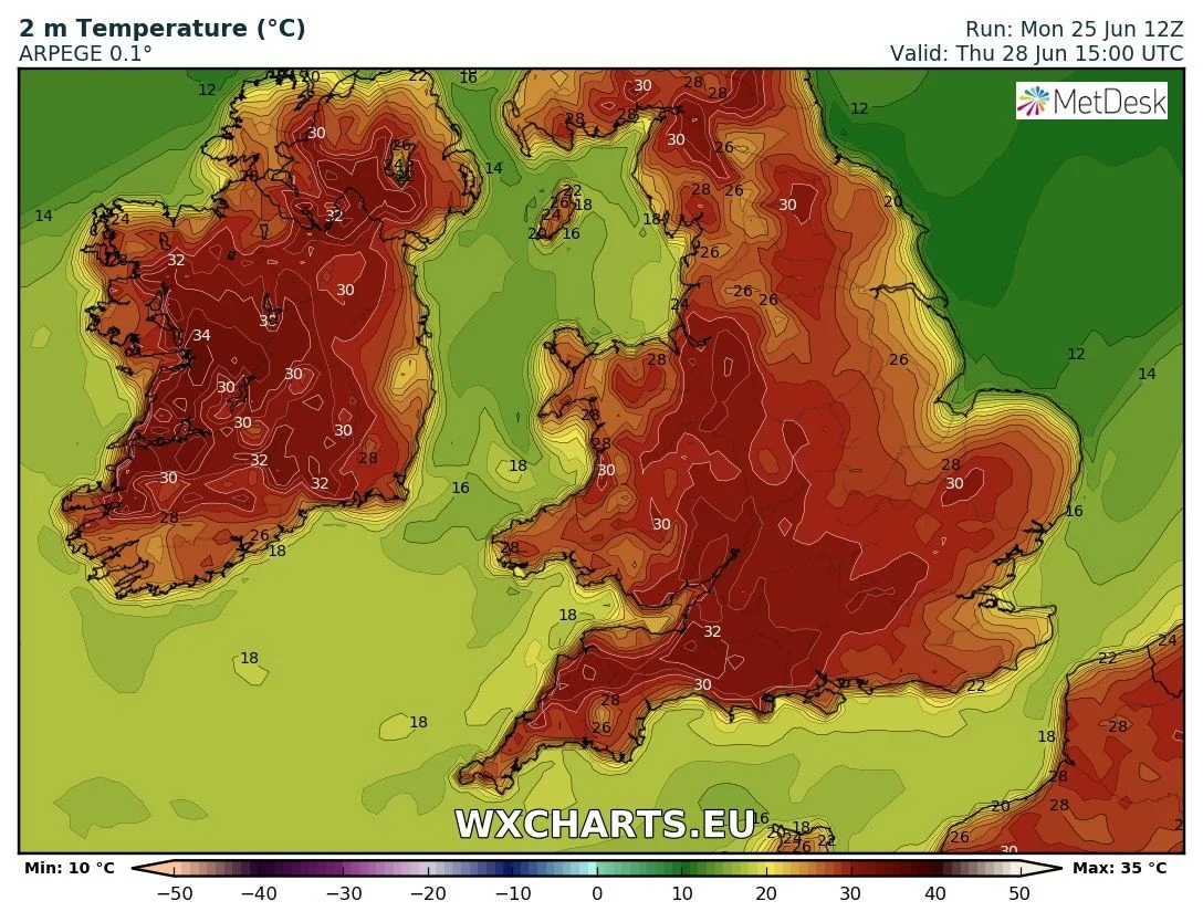 Temperatures be suggested by the ARPEGE model from Wednesday, Thursday and Friday