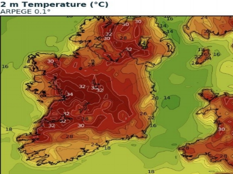 TEMPERATURES SET RISE TO AS HIGH AS 34C ON WEDNESDAY, THURSDAY AND FRIDAY IN IRELAND