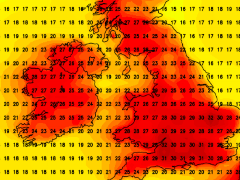 IRELAND LOOKS SET NOW TO SEE TEMPERATURES RISE INTO THE 30S AT THE START OF NEXT WEEK