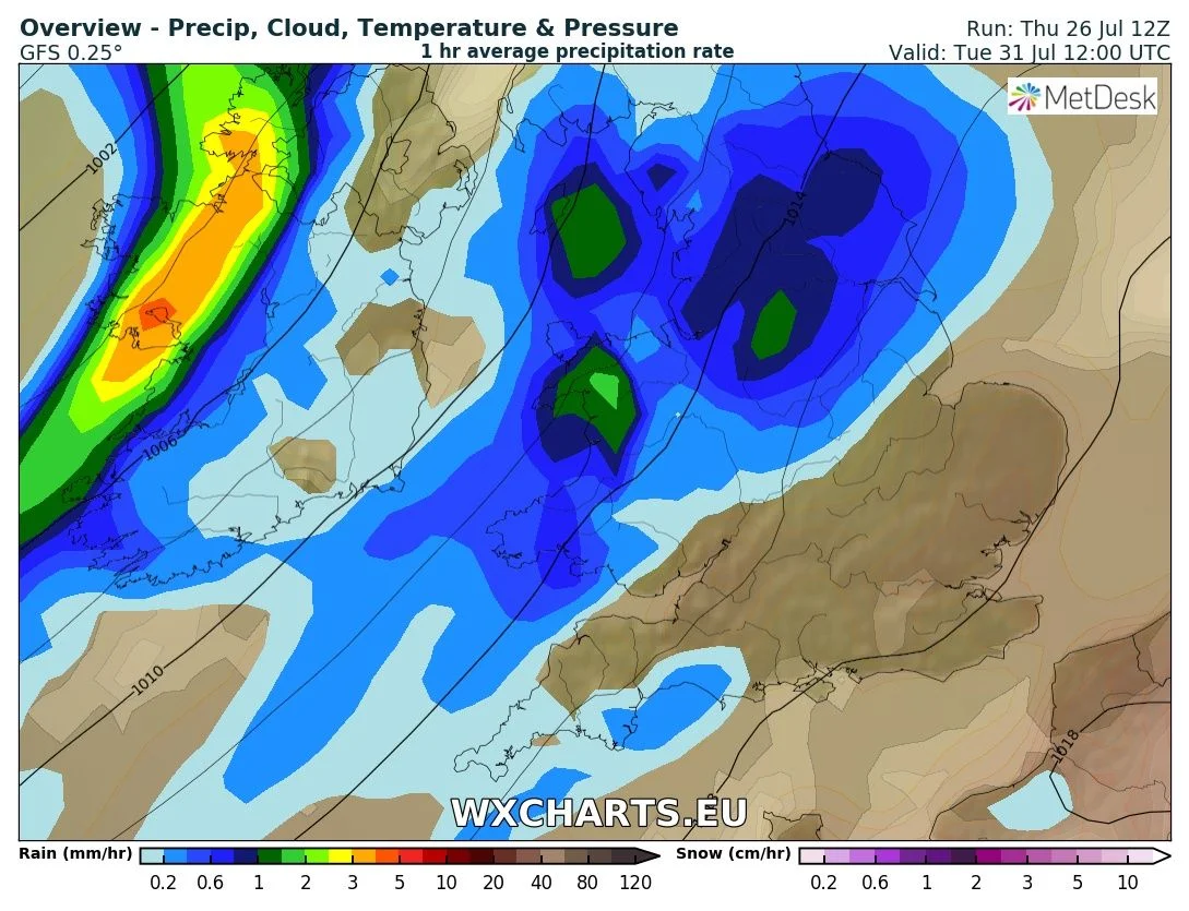 Rain moving west to east across Ireland on Next Tuesday