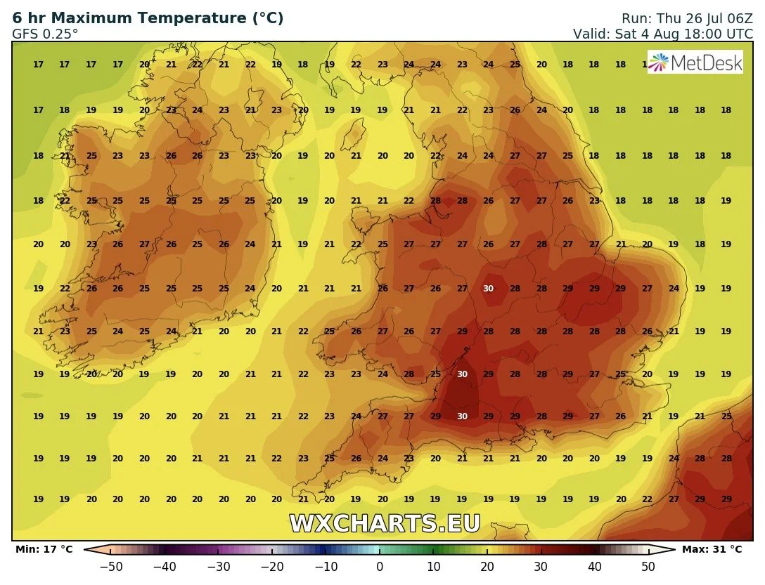 Temperatures look as the could rise again at the end of Next week and over the Bank Holiday weekend