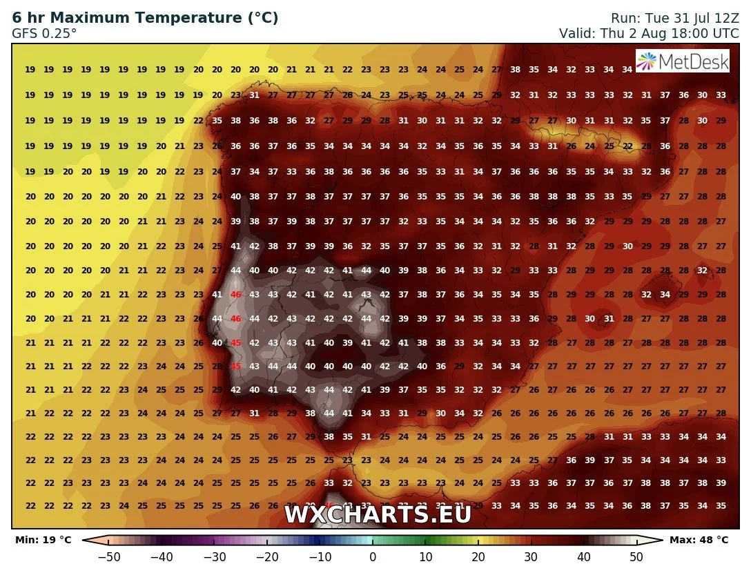 Maximum temperatures for Thursday across Iberia