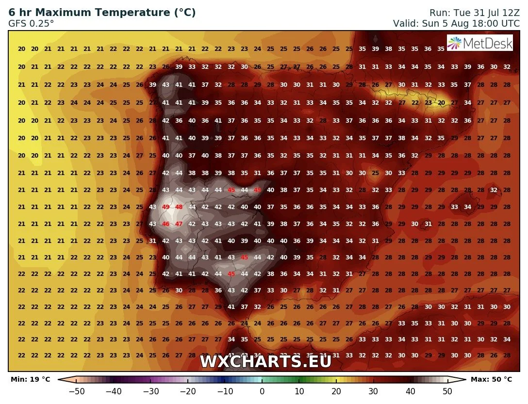 Maximum temperatures for Sunday across Iberia