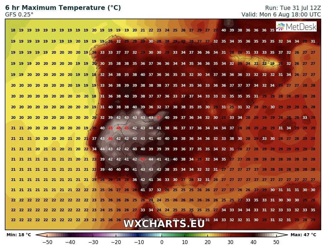 Maximum temperatures for Monday across Iberia