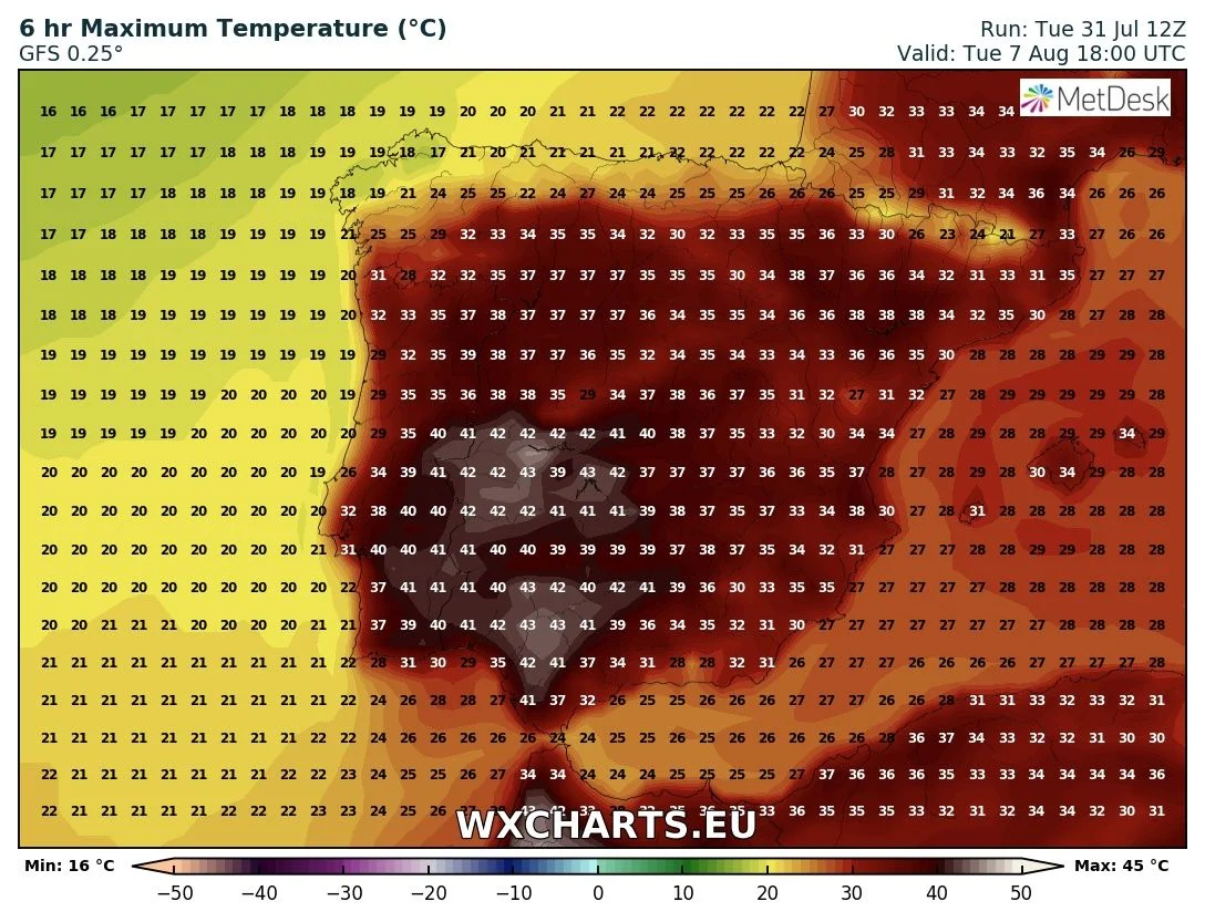 Maximum temperatures for Tuesday across Iberia