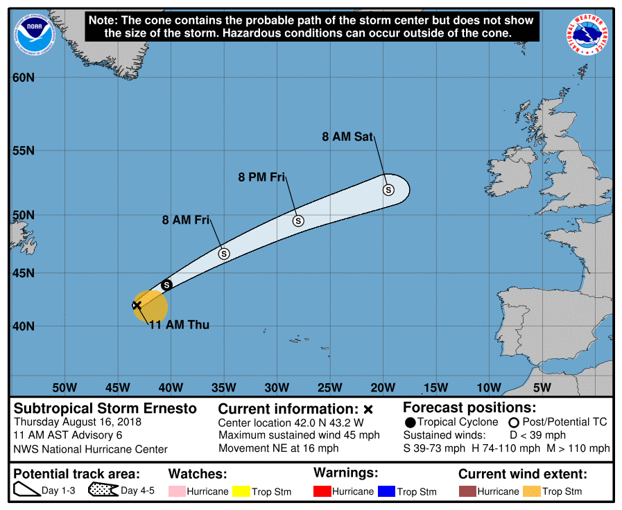 SUBTROPICAL DEPRESSION ERNESTO TO BRING HEAVY RAINFALL TO IRELAND ON SATURDAY NIGHT